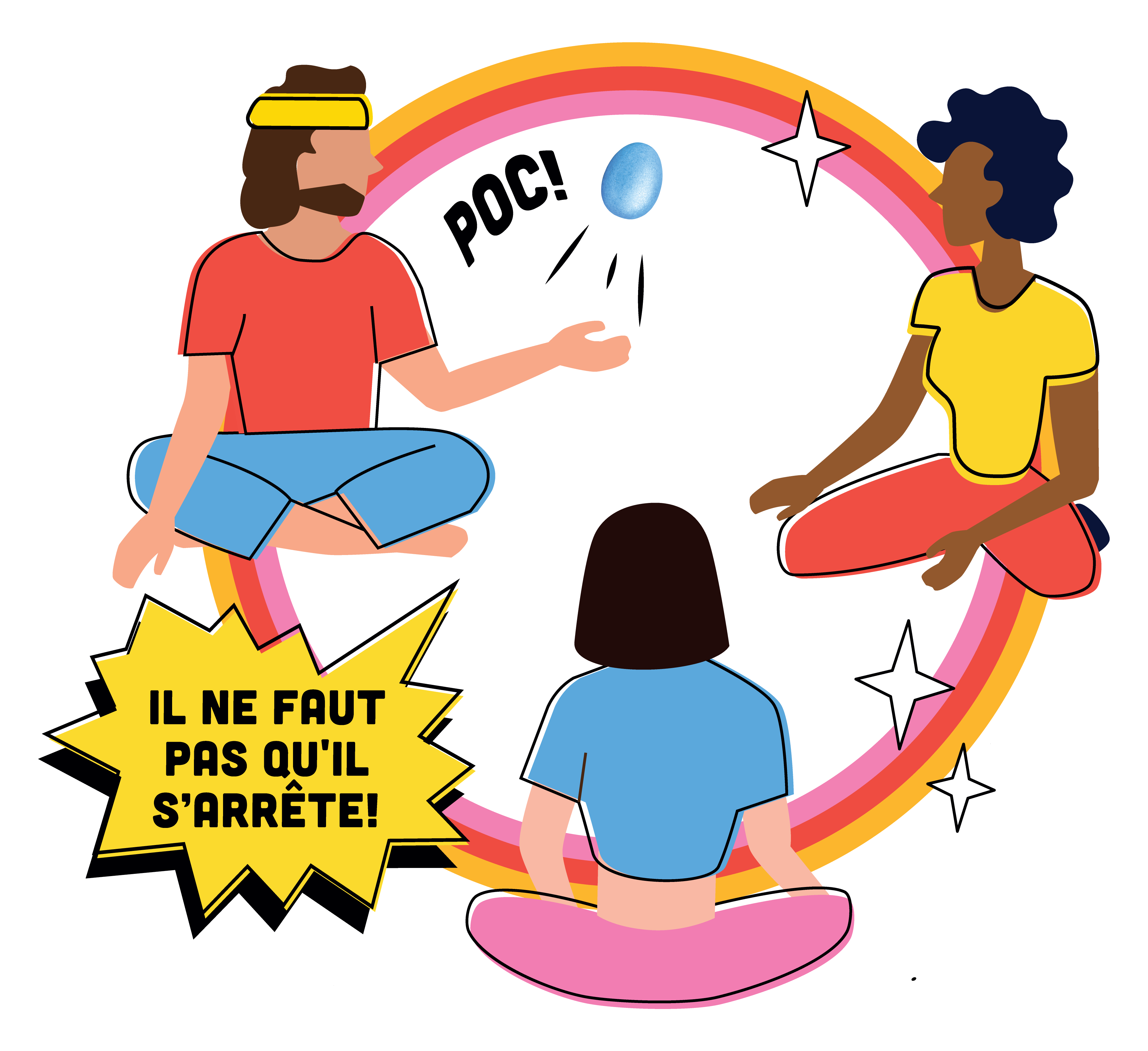 Trois personnes assises en cercle se passent le Vollegg.